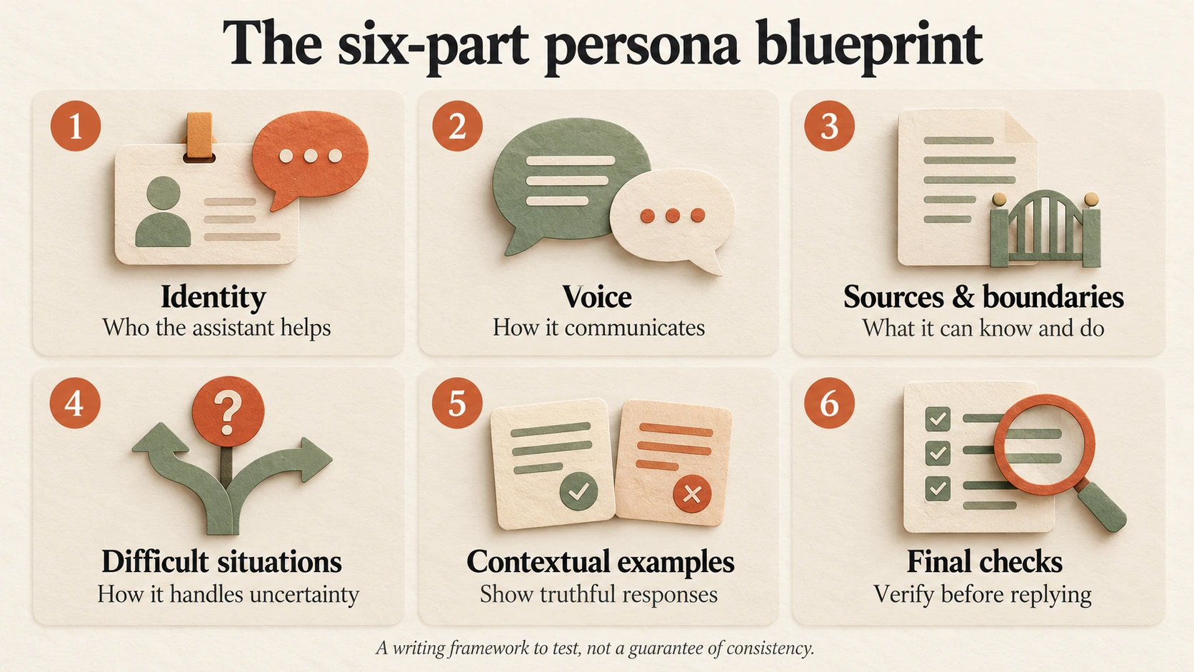 Six parts of a chatbot persona prompt: identity, voice, sources and boundaries, difficult situations, contextual examples, and final checks.
